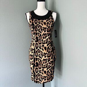 NWT INC Cheetah Print Beaded Neckline Shift Dress Size 2 Petite Sleeveless